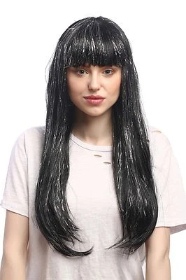 Wig Ladies Carnival Black Long Smooth Fringe Silver Glitter Streaks - Image 1 of 4