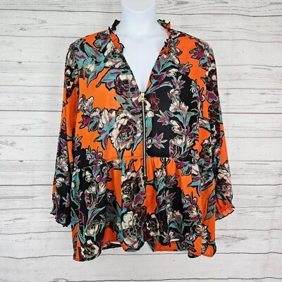 Top eShakti Mujer Talla 3x Naranja Púrpura Floral Semi Transparente Cremalleras Manga Larga Foto 1 de 4