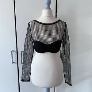 Urban Outfitters Fishnet Long Sleeve Crop Top Size S Small Black Build In Bra