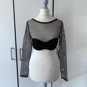 Urban Outfitters Fishnet Long Sleeve Crop Top Size S Small Black Build In Bra - Picture 1 of 11