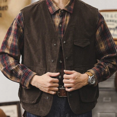 2024 Men Corduroy Vests Warm Buckle Loose Multi-pocket Waistcoat Casual Jackets - Image 1 of 4