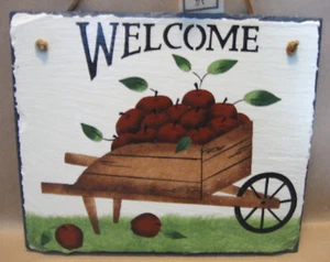 SIGNO DE BIENVENIDA con carro de manzana colgante jardín interior/exterior pizarra estampada a mano nos - Imagen 1 de 8