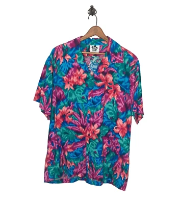 Vintage 80s Hilo Hattie Men's XL Blue Green Hawaiian Camp Shirt Made In Hawaii - Image 1 of 4