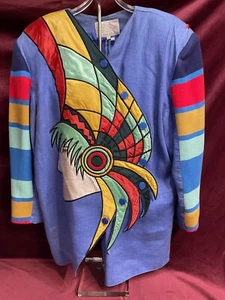 Vintage 80s Blazer Linen Jacket Pour Petra Block Novelty Art wear Embroider - Picture 1 of 5