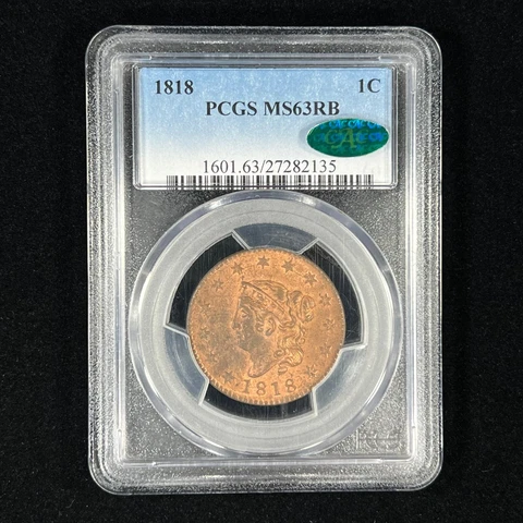 1818 1C MS63 RB CAC PCGS Large Cent Cover