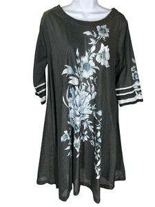 Vestido para mujer Nishat de lino negro floral manga 3/4 línea A algodón pima talla 14 - Imagen 1 de 5