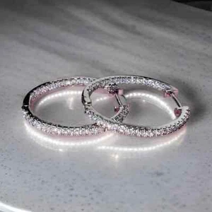 Round Cut Lab-Created Diamond Clip-On Huggie Hoop Earrings 14K White Gold Plated - Picture 1 of 14