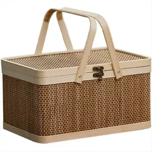 Bamboo Picnic Hamper with Lid, Natural, Bread Basket, Gift, Decoration - Picture 1 of 6