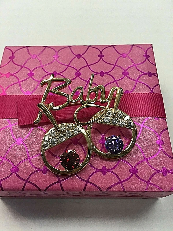 BABY EYES Boy Girl FASHION INSPIRED GOLD PIN BROOCH  New RUBY AMETHYST CZ STONES - Image 1 of 4
