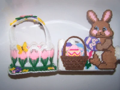 2 Vintage Easter Plastic Canvas Needlepoint Pastels Baskets Handmade from kits - Image 1 of 2