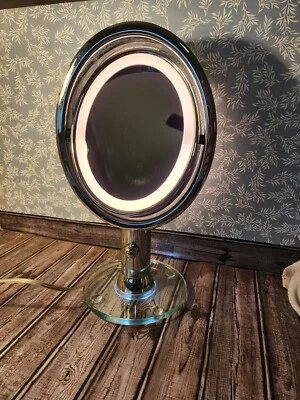 LED Lighted Mirror Double Sided 1X/5  Magnification Silver Chrome - Image 1 of 4