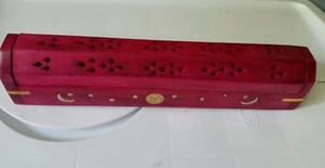 Coffin Incense Burner Pink Carved Wood Brass Sun Moon Inlay Cones & Sticks - Picture 1 of 1