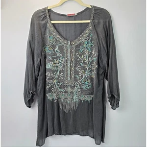 Johnny Was Gray Peacock Embroidered Tunic Top Large Blouse Silk Feel 3/4 Sleeve - Picture 1 of 9