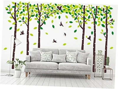 Seis calcomanías de pared de abedul para pájaros lindas pegatinas de pared de bosque de ardillas marrón, verde Foto 1 de 4