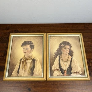 Juego de 2 Impresiones Vintage Chico & Elena Por Anne Allaben Madera Tono Dorado Borde 8x10 - Imagen 1 de 8
