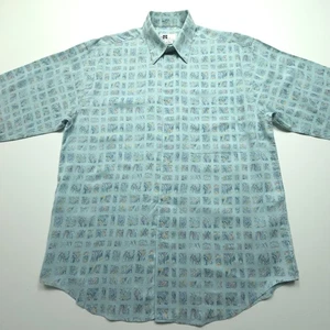 VTG Reunion Men Shirt Small Light Blue Floral Check Pure Rayon 80s Dance Club S - Picture 1 of 20