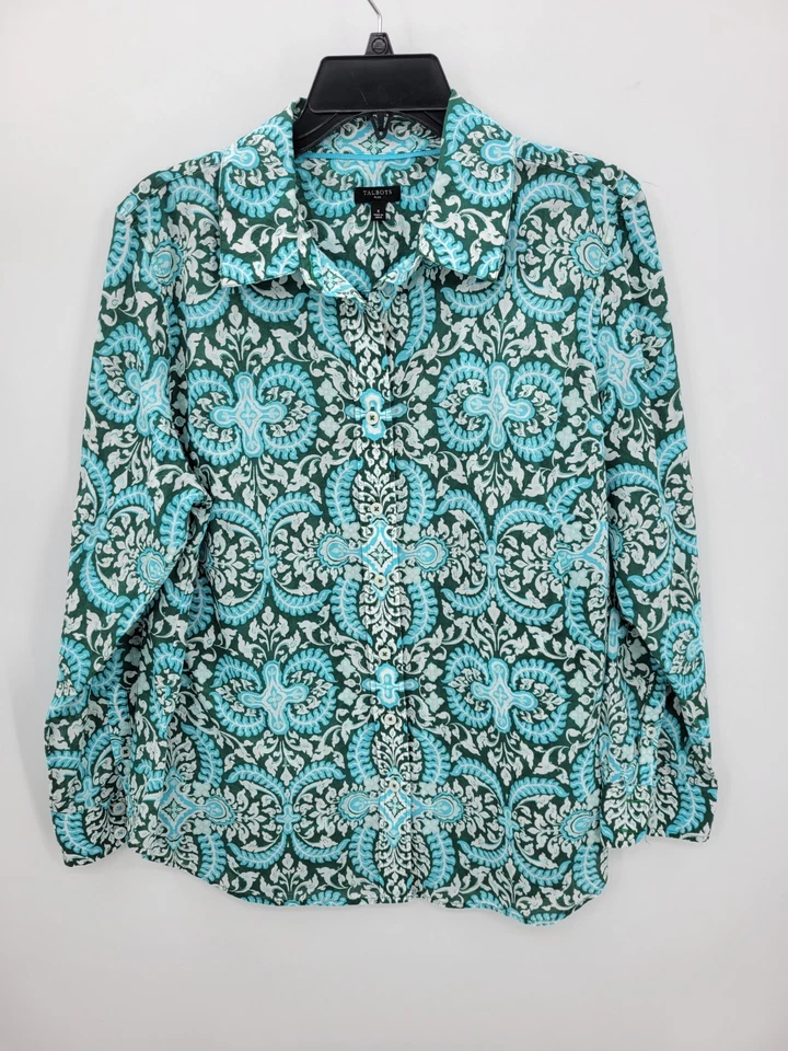 Talbots Top Womens Plus X Blue Green Baroque Print Long Sleeve Button Up Blouse - Image 1 of 4