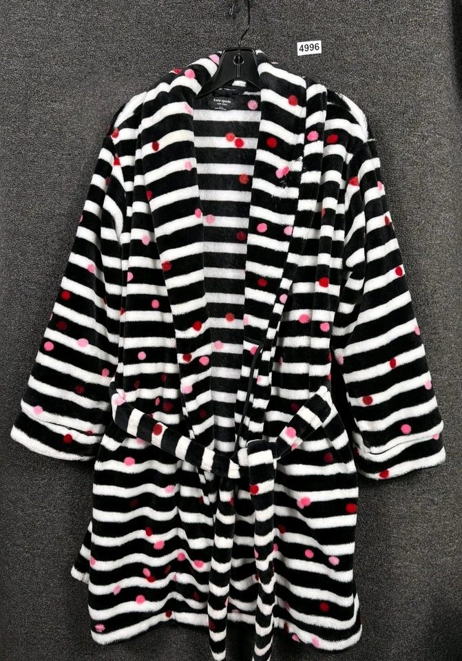 Халат женский Kate Spade XS/S черный белый в полоску в горошек флисовый плюшевый подпоясанный - Изображение 1 из 4
