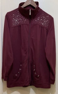 Quacker Factory Fleece Jacket Womens XL Burgundy Rhinestone Embellished Full Zip - Picture 1 of 14