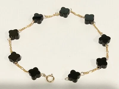 Nuevo Brazalete de 7" de Trébol de Ónix Negro de Diseñador Famoso Oro 14k para Damas Foto 1 de 2