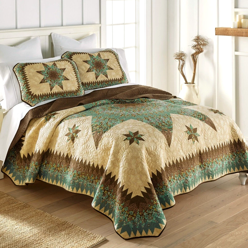Donna Sharp Sea Breeze Star Quilt **KING** 3-PC Set Floral Country Cottage Teal - Image 1 of 4