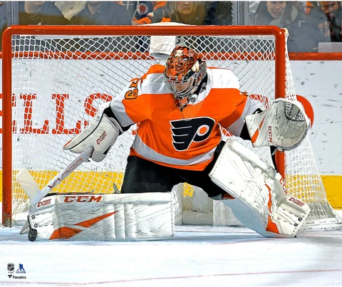 Carter Hart Philadelphia Flyers Unsigned Orange Jersey Pad Save Photograph Cover