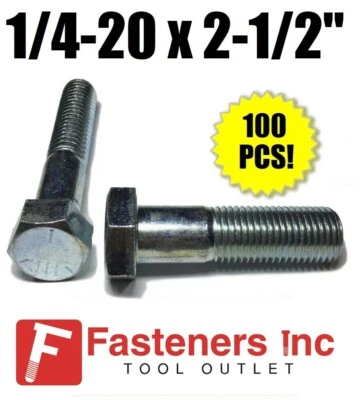 BRIGHTON BEST (Qty 100) 1/4-20 x 2 1/2" Hex Bolt Zinc Plated Grade 5 Cap Screw Partial Thread