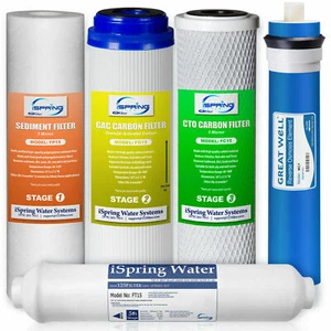 Juego completo de filtros de agua de repuesto iSpring 75 GPD para sistema RO RCC7 - PAQUETE DE 5 - Imagen 1 de 7