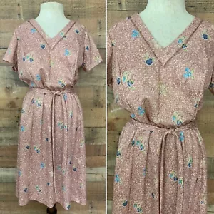 Vintage 1960s Floral V-neck Belted Dress Size L Hippie Boho - Picture 1 of 11