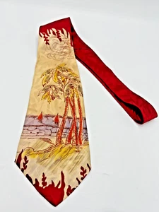 Yankee Cravat Styled Hand Paints Red White Tropical Scene Tie - Picture 1 of 7