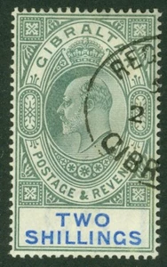 SG 52 Gibraltar 1903. 2 verdes y azules. Parte usada muy fina reg ovalada, hojas - Imagen 1 de 1