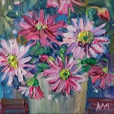 Pink Daisies. Original oil painting, 6x6''. Cottage core art. Tiny oil painting