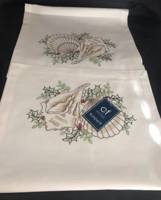 C & F Home Table Runner 14" x 51" Embroidered Seashells and Holly Holidays NEW - Image 1 of 4