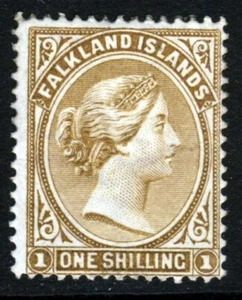 FALKLAND ISLANDS Queen Victoria 1896 One Shilling Yellow-Brown Wm CCA SG 38 MINT - Picture 1 of 2