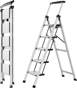 5 Step Aluminum Folding Ladder, Anti-Slip Wide Pedal, Retractable Handgrip - Picture 1 of 11