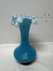 Fenton 1930s Blue Vase Impressed Spiral Design Ruffle Top Hand Blown - Picture 1 of 9