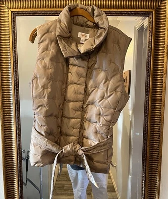 Talbots Puffer Vest Womens Large Olive Quilted Goose Down Belted Full Zip - Image 1 of 4