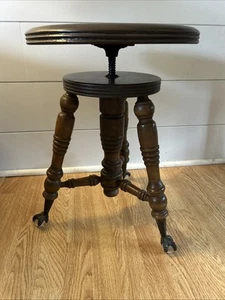 ANTIQUE PIANO STOOL Lyon & Healy Adjustable Mahogany Glass Claw/Ball Feet - Picture 1 of 13