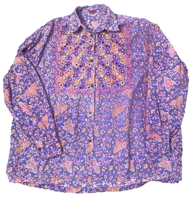 МАСЛЯНИСТАЯ рубашка на пуговицах женщин вышитый цветочный длинным рукавом * без размера ярлык L/XL? - Изображение 1 из 4