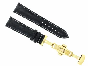 22MM LEATHER WATCH BAND STRAP FOR MOVADO WATCH +  DEPLOYMENT CLASP BLACK WS GOLD - Picture 1 of 5