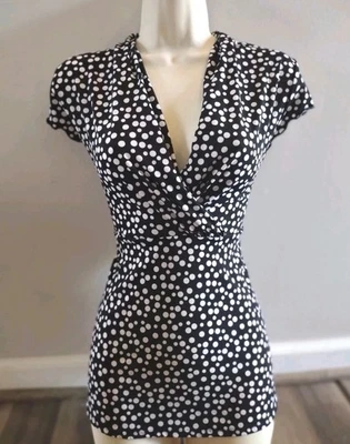 Vintage 90s Nine West Y2k Black Polka Dots Blouse Top Whimsy Rockabilly Small - Image 1 of 4