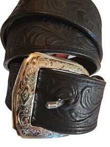 Men's 38 SILVER CREEK COLLECTION Black TOOLED Leather Belt Made in USA - Picture 1 of 7