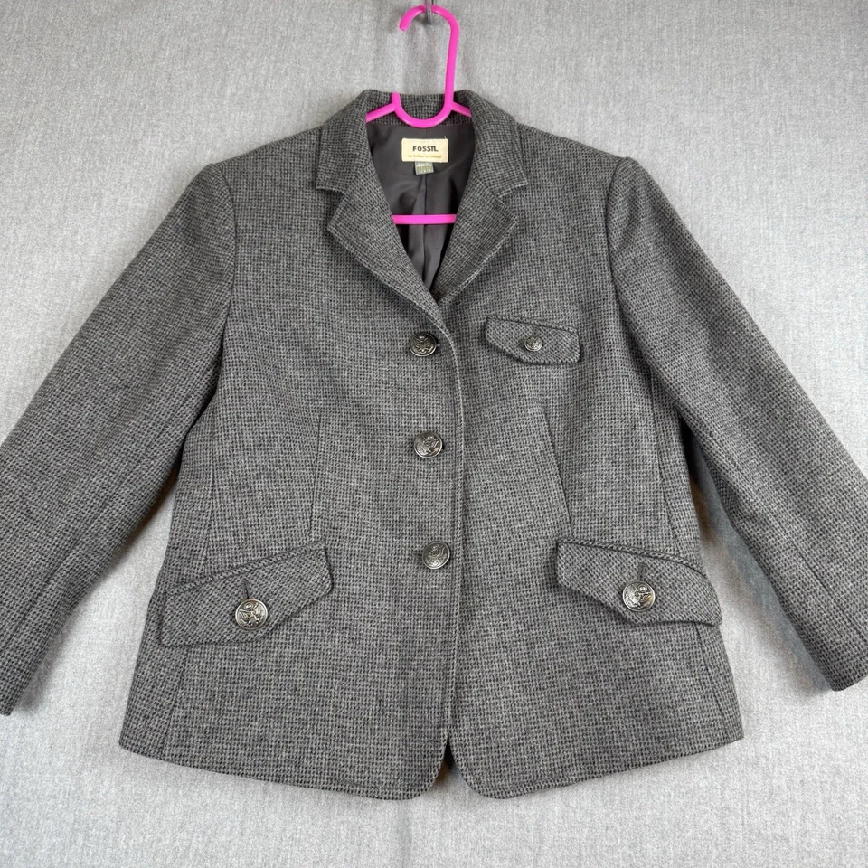 Blazer Fossil para mujer talla 2 gris tweed mezcla de lana botón águila clásico militar Foto 1 de 4