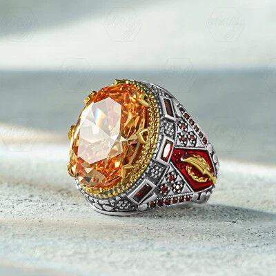 925 Sterling Silver Orange Citrine Stone Turkish Handmade Men's Ring - Image 1 of 4