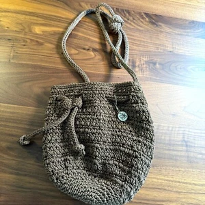 The Sak Women's Tan Taupe Drawstring Inner Pocket Crochet Bucket Bag with Charm - Picture 1 of 9