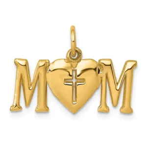 14k Yellow Gold Polished MOM with Cross Charm Pendant Perfect Gift for Her - Picture 1 of 6