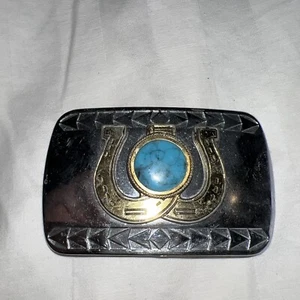 Vintage Wester Cowboy Style Belt Buckle Double Horseshoe Turquoise Silver Gold - Picture 1 of 3