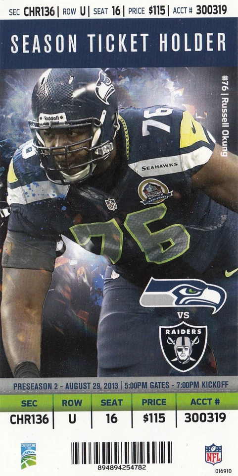 2013 SEATTLE SEAHAWKS VS OAKLAND RAIDERS TICKET STUB 8/29/13 RUSSELL OKUNG - Image 1 of 1