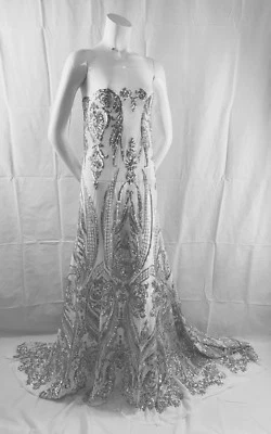 Silver Empire Design Embroider With Sequins On A White Mesh-Fashion-By The Yard. - Image 1 of 4