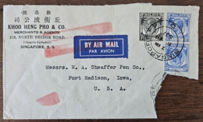 1937 Singapur a EE. UU. Cubierta Correo Aéreo 3 Estrechos Asentamientos Sellos a Iowa Foto 1 de 4